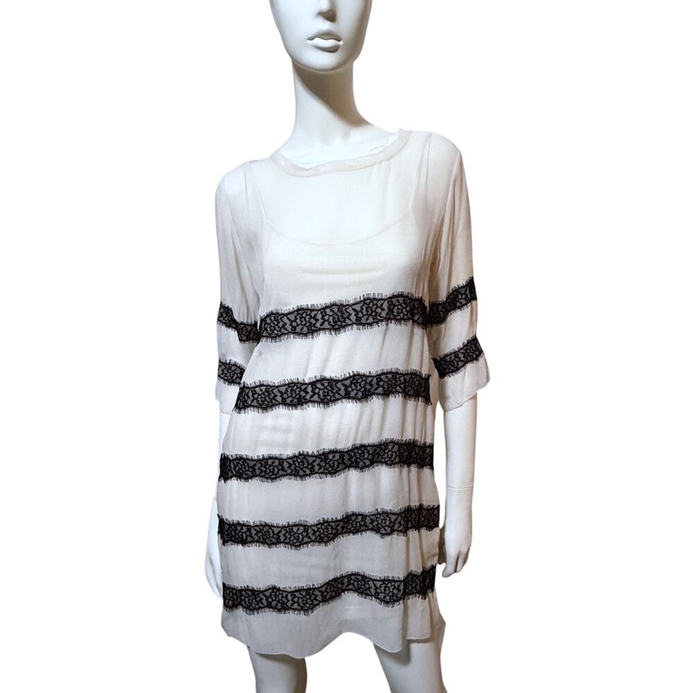 Malene Birger Silk Dress Micro Mini Lace Sheer Wedding Guest Neutral UK 34 US 2